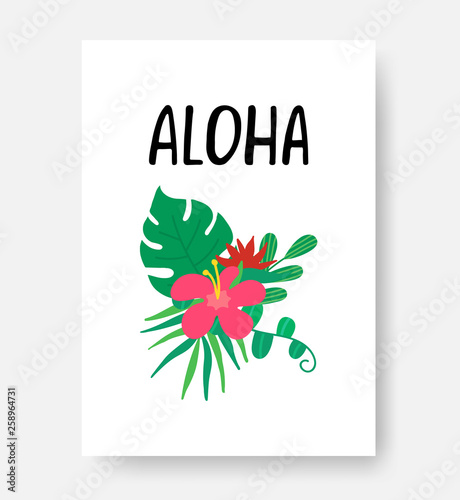Tropical poster. Aloha hand lettering phrase on white background. Tropical leaves, flowers for banner, flyer, card. Summer composition. Hawaiian greeting card. Vector illustration