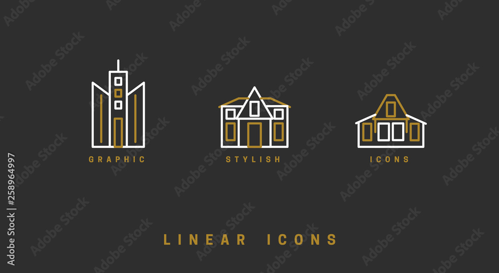Icons houses, high-rise buildings in linear style. Icons houses, high-rise buildings in linear style.