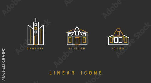 Icons houses, high-rise buildings in linear style.
