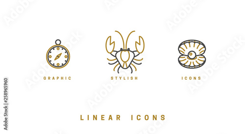 Set of vector, nautical icons. Linear illustrations