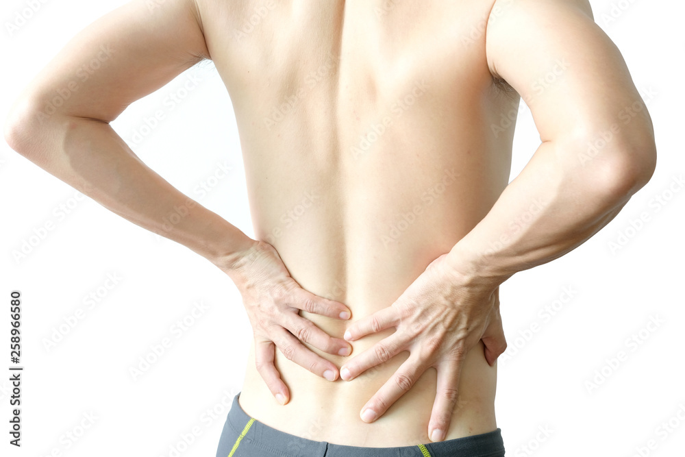 man's hand he is caught at the waist and her back is painful at the back in the park. Cause of the exercise. man's hand he is caught at the waist and her back is painful at the back in the park. Cause of the exercise.