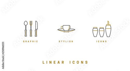 set of vector images of dishes, tools, isolated in linear style, icons.