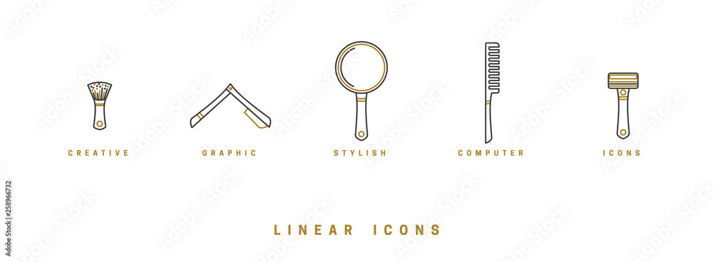 Obraz premium Icons barbershop in linear style. set of tools for hair care, comb brush, scissors. hairbrush icon vector graphics