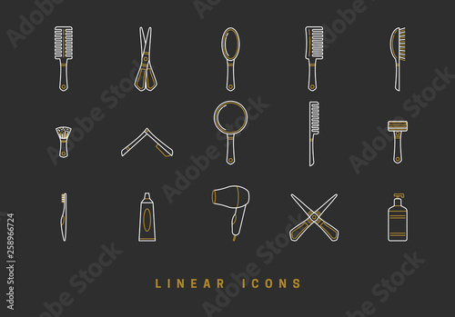 Icons barbershop in linear style. set of tools for hair care, comb brush, scissors. hairbrush icon vector graphics