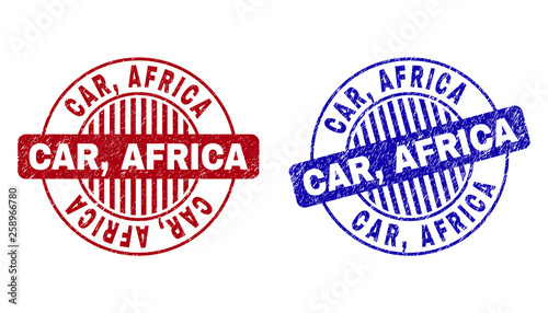 Grunge CAR, AFRICA round stamp seals isolated on a white background. Round seals with grunge texture in red and blue colors. Vector rubber imprint of CAR, AFRICA tag inside circle form with stripes.