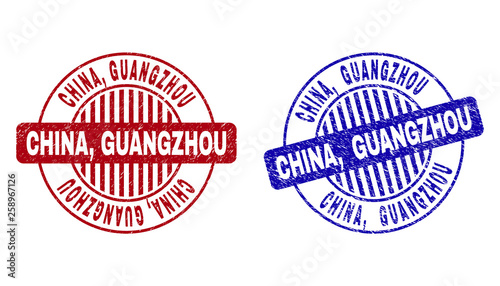 Grunge CHINA, GUANGZHOU round stamp seals isolated on a white background. Round seals with grunge texture in red and blue colors. Vector rubber imprint of CHINA,
