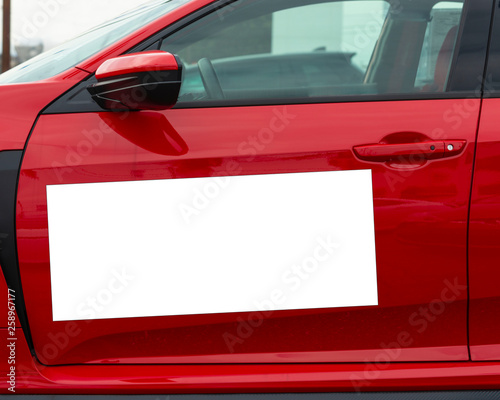 Blank White Magnetic Sign On Red Car Door
