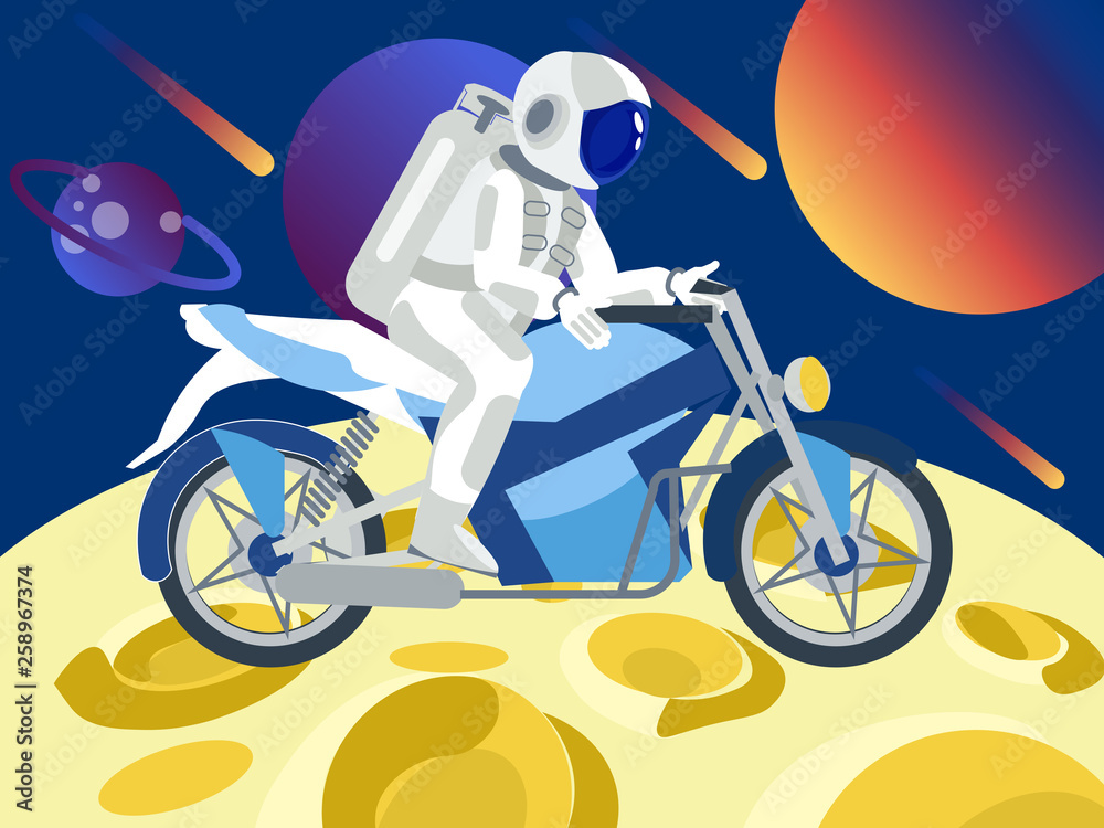 Astronaut rides a motorcycle on the moon. In minimalist style. Flat isometric vector