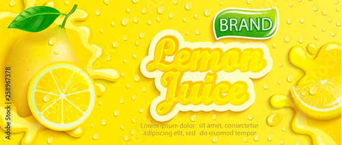 Fresh lemon juice splash banner with apteitic drops from condensation, fruit slice on gradient yellow background for brand,logo, template,label,emblem,store,packaging,advertising.Vector illustration