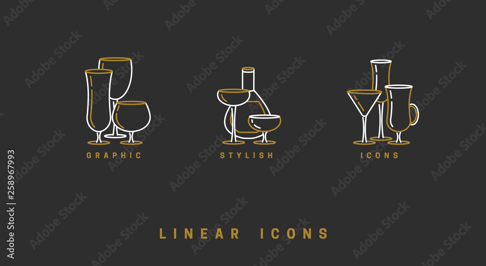 set icon wine glasses and bottle in linear style set icon wine glasses and bottle in linear style