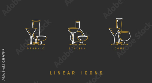 set icon wine glasses and bottle in linear style