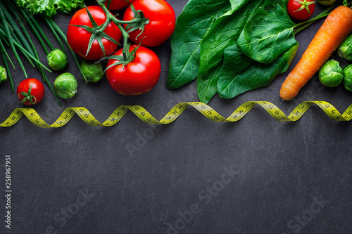 Ripe vegetables for cooking fresh salad and healthy dishes. Proper nutrition, clean balanced food. Diet concept. Fitness eating and losing weight. Copy space