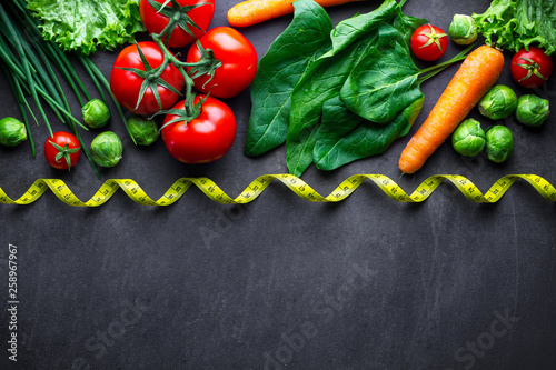 Ripe vegetables for cooking fresh salad and healthy dishes. Proper nutrition, clean balanced food. Diet concept. Fitness eating and losing weight. Copy space