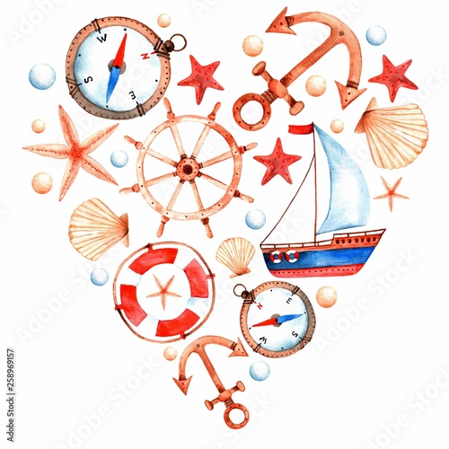 The big watercolor heart from beautiful starfish, shell, pearl, sailboat, wheel, anchor, compass, lifebuoy on a white background. Waiting for summer. Illustration. Isolated.