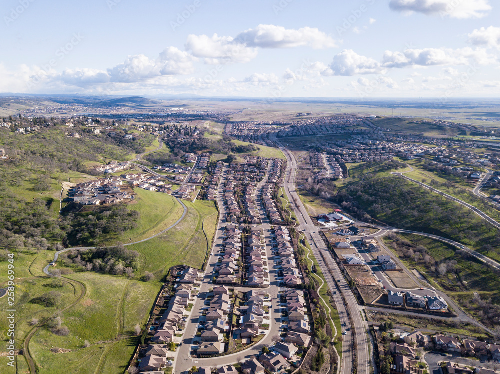 Aerial view of suburban neighborhoods in Folsom, California Aerial view of suburban neighborhoods in Folsom, California