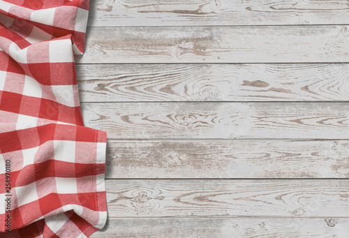 table with red picnic cloth top view background