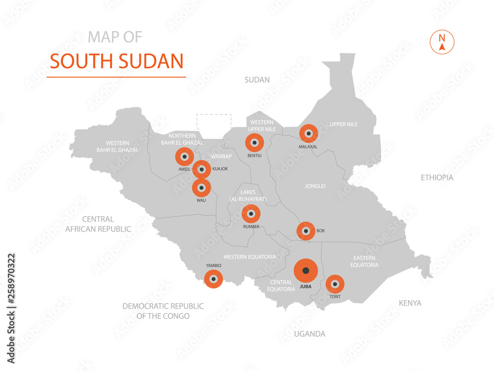 Stylized vector South Sudan map showing big cities, capital Juba, administrative divisions.