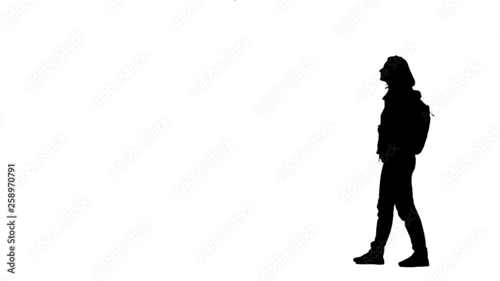 Girl walking taking a photo and selfie. Silhouette. White background. Side view Girl walking taking a photo and selfie. Silhouette. White background. Side view