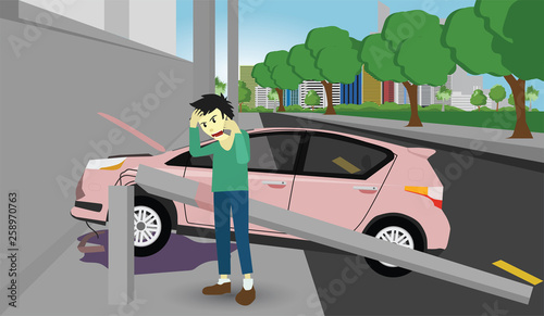Men standing to call emergency helpers. Damage pink car crash pole light accident cannot drive on the street with nature and city on day background.