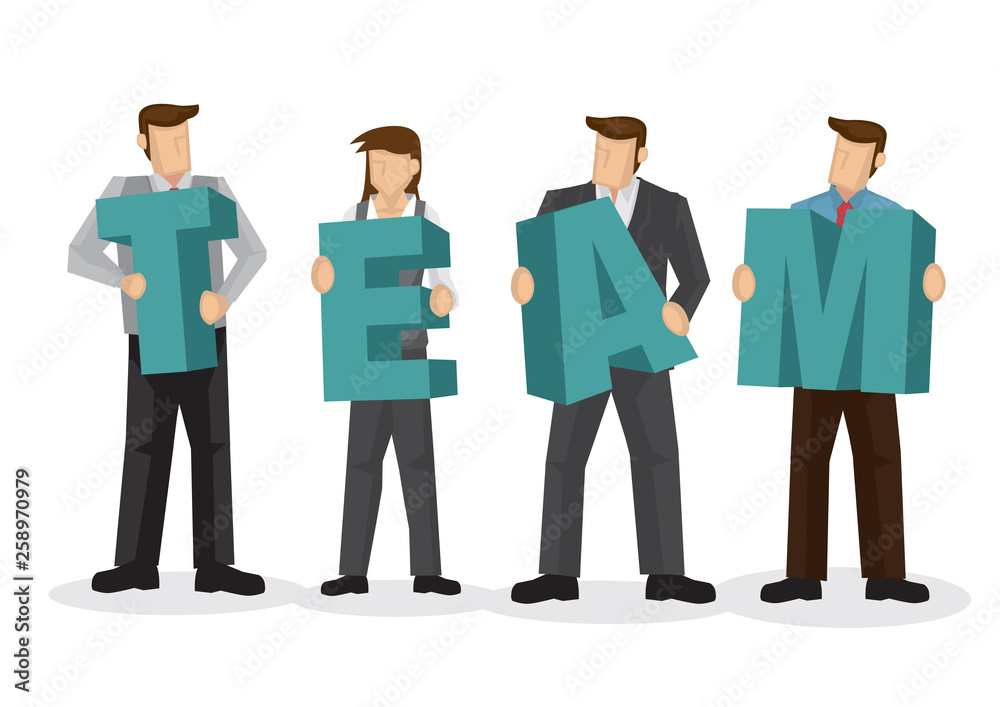 A group of businesspeople holding giant alphabet to form the word team. Concept of collaboration, teamwork or corporate culture. A group of businesspeople holding giant alphabet to form the word team. Concept of collaboration, teamwork or corporate culture.