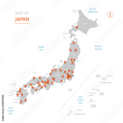 Stylized vector Japan map showing big cities, capital Tokyo, administrative divisions.