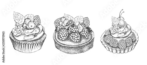 Hand drawn cakes collection isolated on white