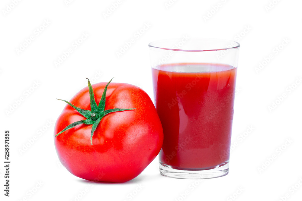 Isolated glass of fresh tomato juice and one single ripe tomato on a white background Isolated glass of fresh tomato juice and one single ripe tomato on a white background