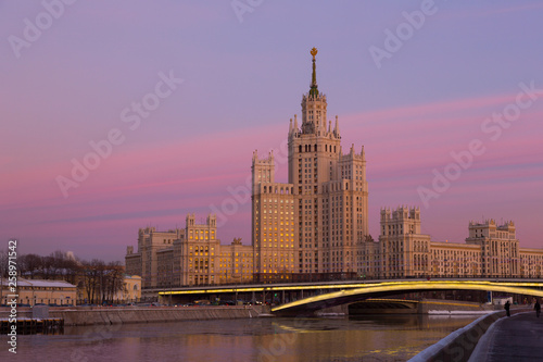 One of seven Stalin skyscrapers: the high-rise building on Kotelnicheskaya Embankment in sunset, Moscow