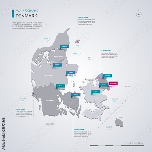 Denmark vector map with infographic elements, pointer marks.