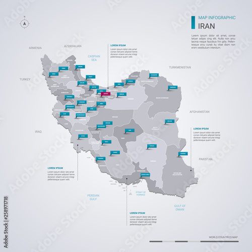 Iran vector map with infographic elements, pointer marks.