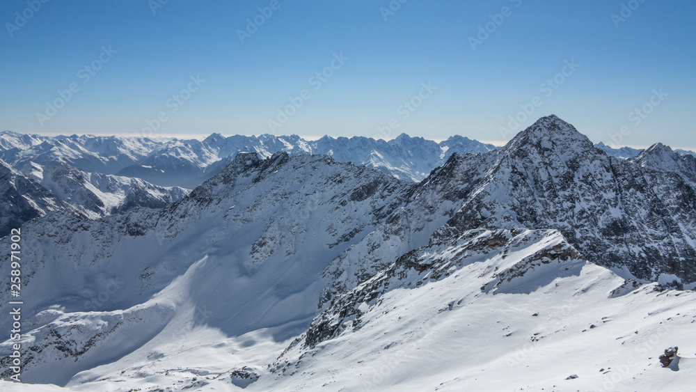 Panoramic view at the top of the mountain, Italian Alps. 