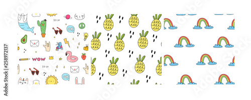 Set of three seamless patterns. Various doodle elements, pineapples and rainbows. Hand drawn colored vector illustration. Flat design. Trendy style. Every pattern is isolated