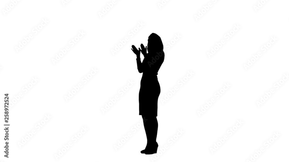 Woman in the theater applause. White background. Silhouette