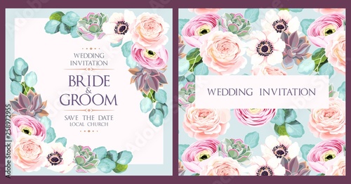 Vintage wedding card with flowers and succulents