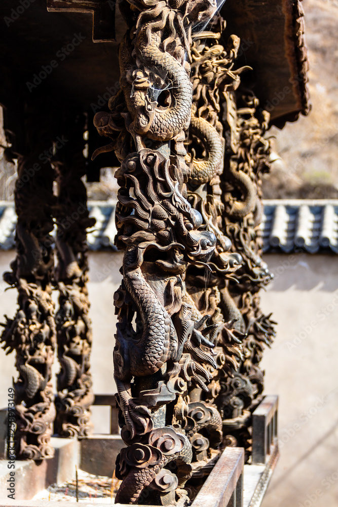 Chuandixia, Hebei province, China: dragon shaped columns in Guandi temple in this ancient Ming Dynasty village not far from Beijing
