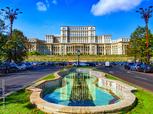 Famous Parliament house in Bucharest capital in a beautiful sunny day of spring in Romania