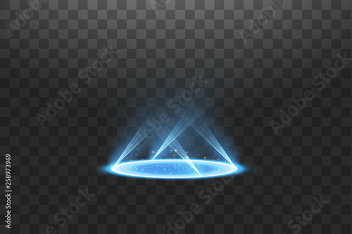 Futuristic teleport. Magic fantasy portal. Light effect. Blue candles rays of a night scene with sparks on a transparent background. Empty light effect of the podium. Disco club dancefloor.