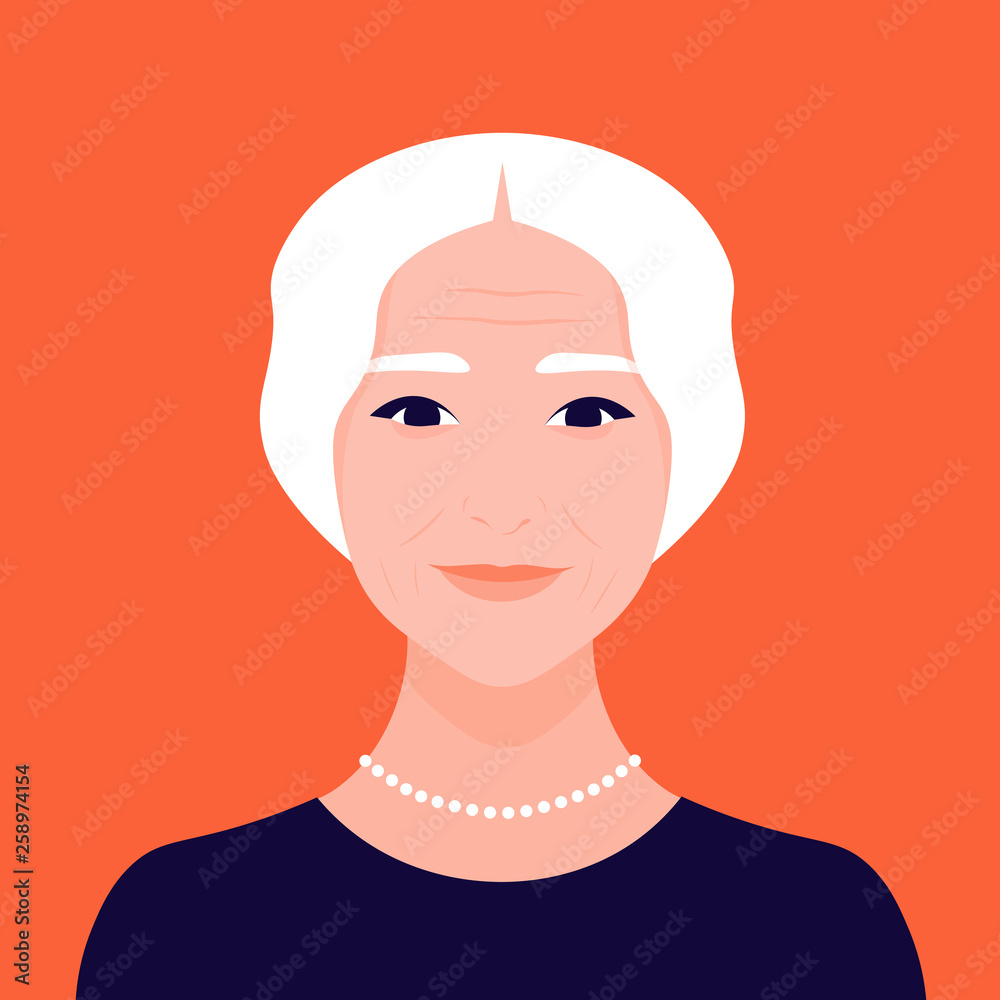 Portrait of an elderly lady. Asian woman. Female portrait. The face of an elegant grandmother. Vector flat illustration Portrait of an elderly lady. Asian woman. Female portrait. The face of an elegant grandmother. Vector flat illustration