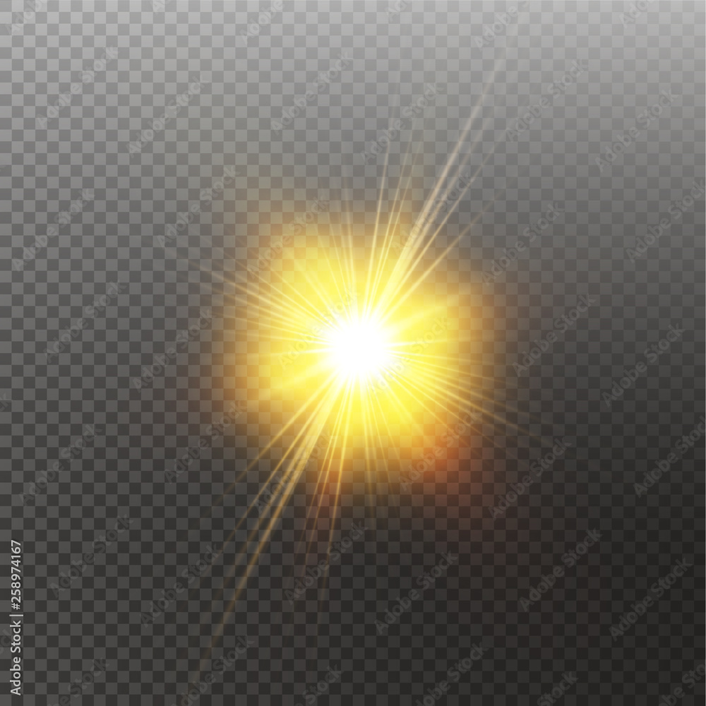 Bright shining sun Isolated on black background. Glow light effect. Vector illustration