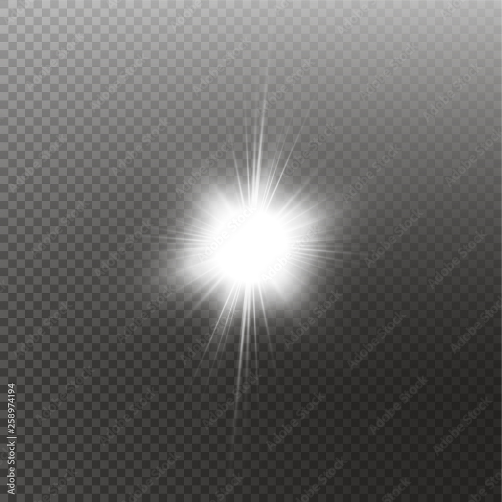 Bright shining sun Isolated on black background. Glow light effect. Vector illustration