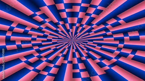 Abstract swirl formed by geometric figures of dark blue and pink colors.