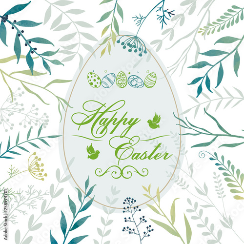 Floral Easter frame. Twigs, herbs, flowers and easter eggs. Template for greeting card. Happy Easter. 