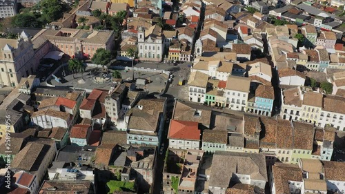 Aerial view of square Largo Terreiro de Jesus in Salvador (state Bahia), cityscape of historic city center (Pelourinho), Cathedral of Salvador - landscape panorama of Brazil from above, South America photo