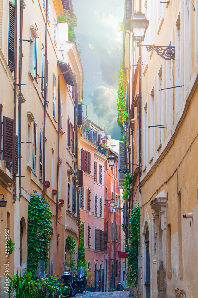 Colorful street with sunlight in Rome, Italy