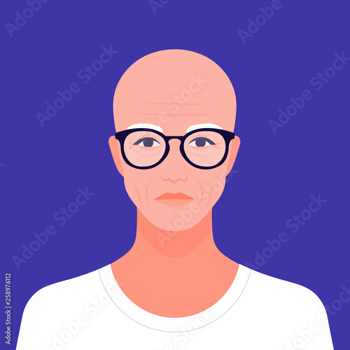 Portrait of an old oriental man. Avatar of an Asian retiree. Vector flat illustration