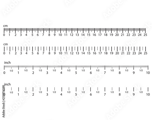 Inch and metric rulers. Centimeters and inches measuring scale cm metrics indicator. Precision measurement centimeter icon tools of measure size indication ruler tools. Vector isolated set
