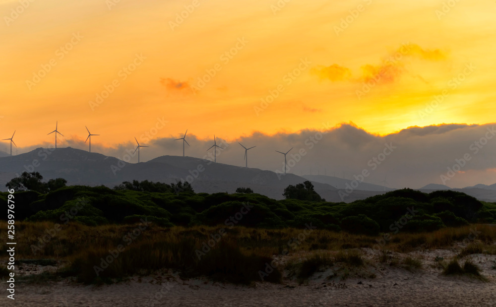 Fototapeta premium Morning landscape. Sunrise. View of the mountains and windmills.