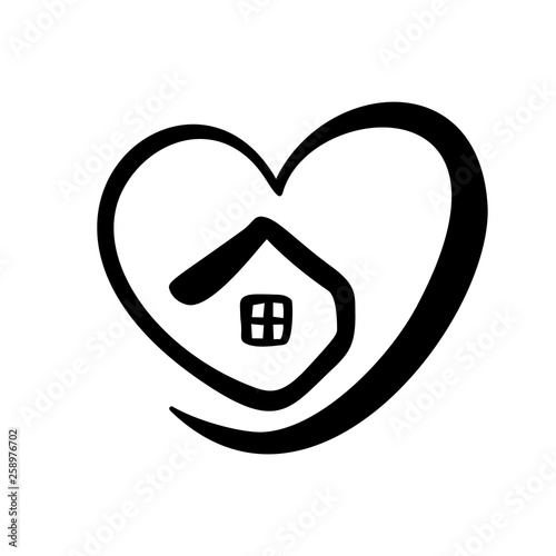 Simple Calligraphy House with heart. Real Vector Icon. Consept comfort and protection. Architecture Construction for design. Art home vintage hand drawn Logo element