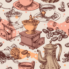 Handdoek met foto Koffie patronen Vintage koffiemolen en theepot patroon  © Danussa