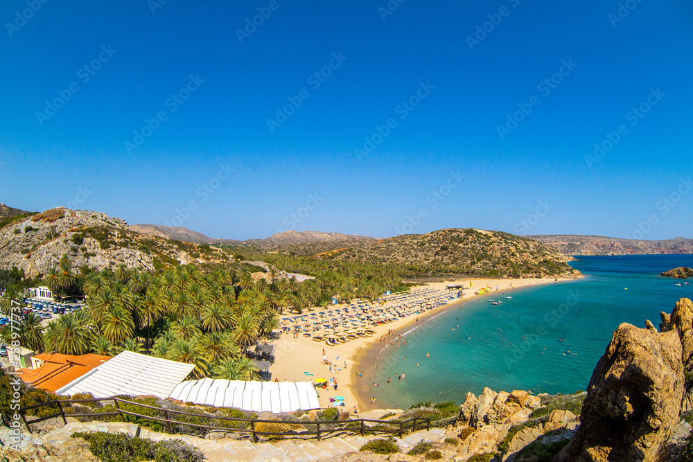 Greece, Crete, August 2018: Vai palmtrees bay and beach at Crete island in Greece